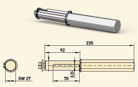 GfA Adapterwellen Ø 25,4 / SW27 mm, Länge: 235 mm für Baureihe SG50